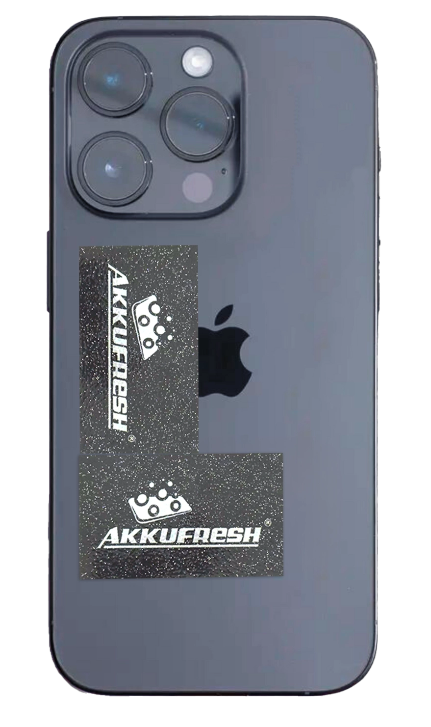 iPhone 15 Pro with 2 AkkuFresh foil attached to the back of the phone